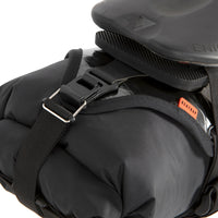Black race saddle bag attached to a bike frame on a white background