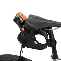 Black race saddle bag holster attached to a bike frame on a white background