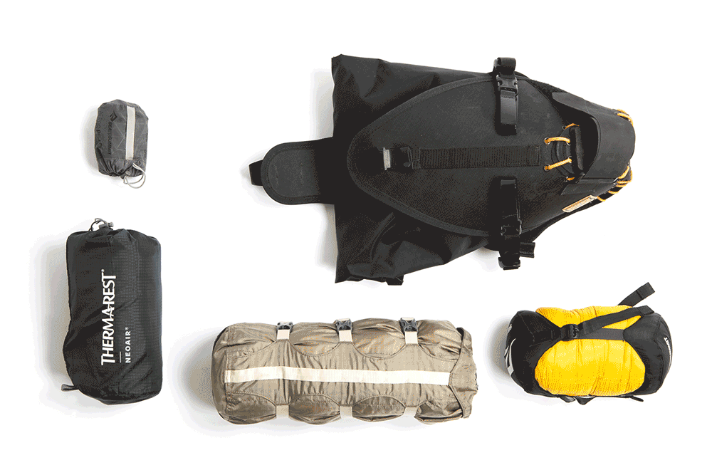 animation of restrap saddle bag being packed with camping gear