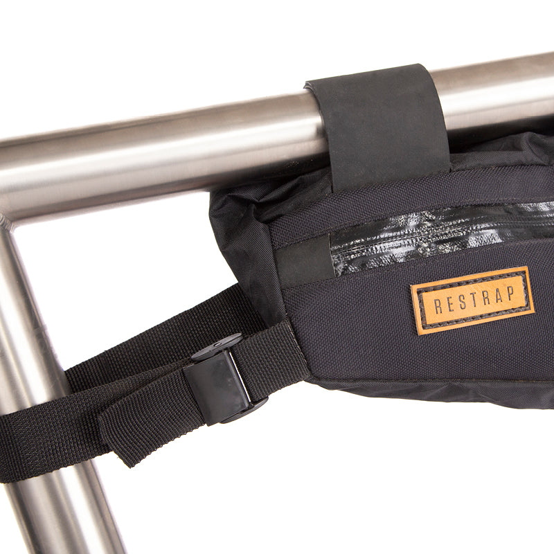 close up of the logo and rear strap of restrap medium frame bag