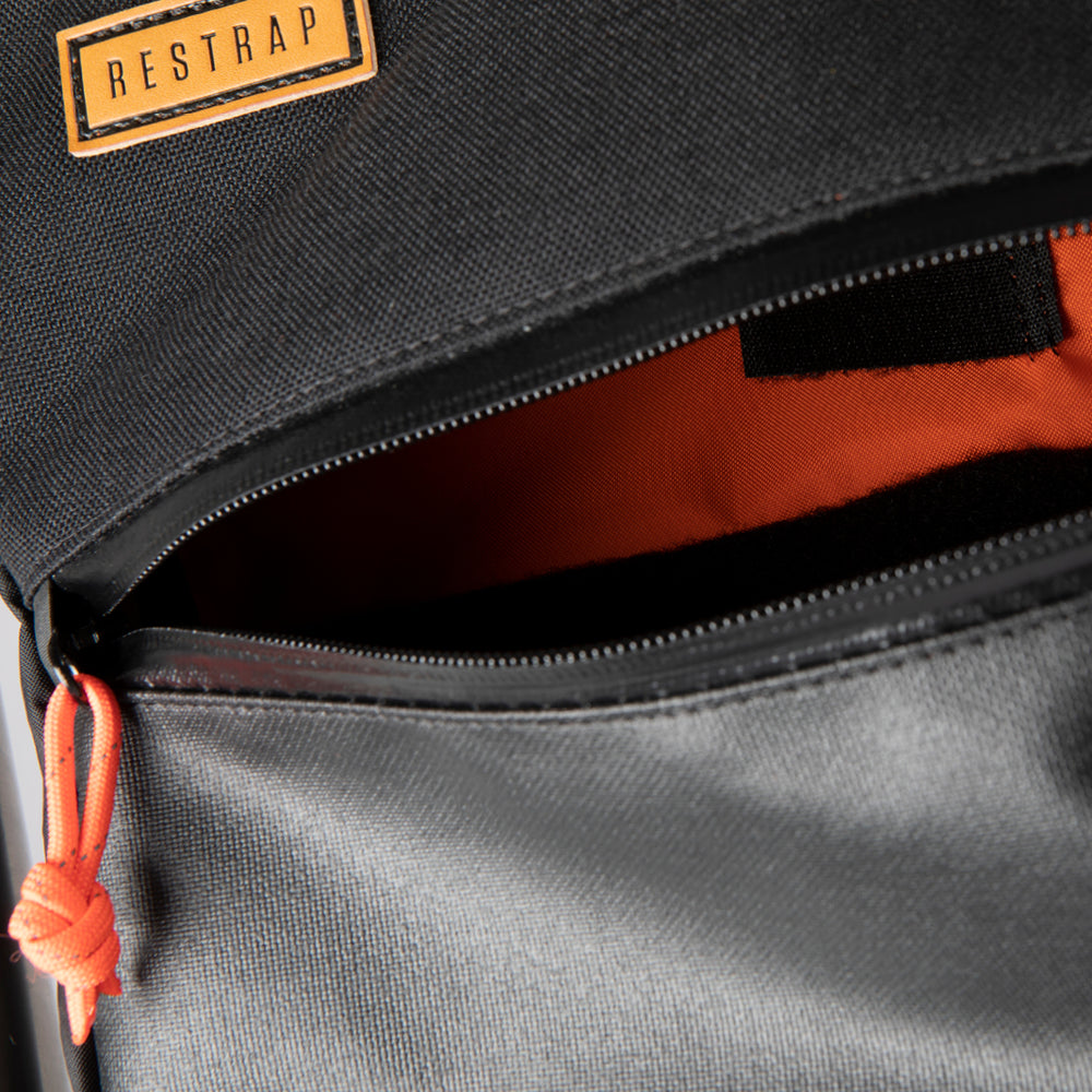 Image of the inside of a Restrap Full Frame Bag showing internal storage and zip entry