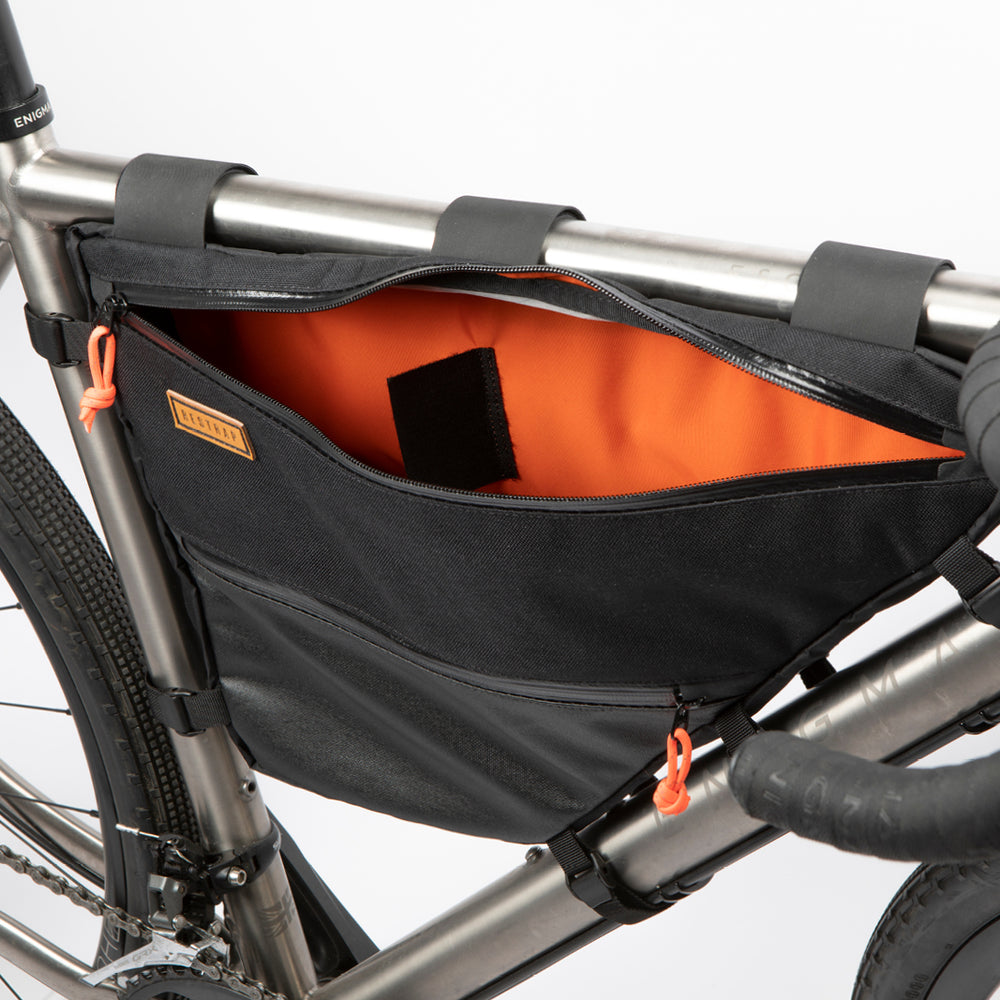 Image of the inside of a Restrap Full Frame Bag mounted on the down tube of a bicycle
