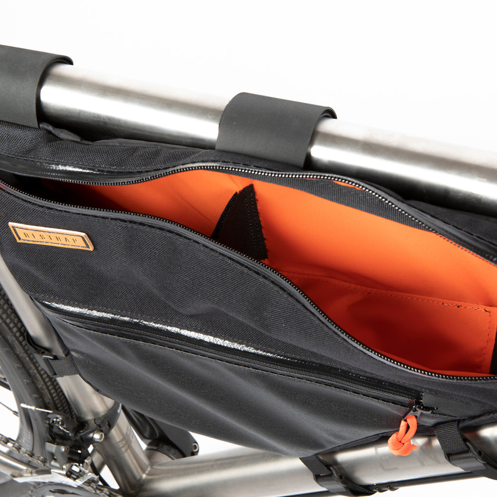 Image of the inside of a Restrap Full Frame Bag mounted on the down tube of a bicycle