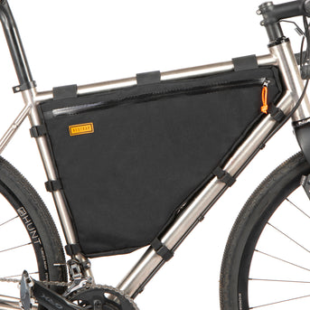A custom frame bag attached to a bicycle frame, featuring the multiple options available.