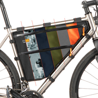 A custom frame bag attached to a bicycle frame, featuring the multiple options available.